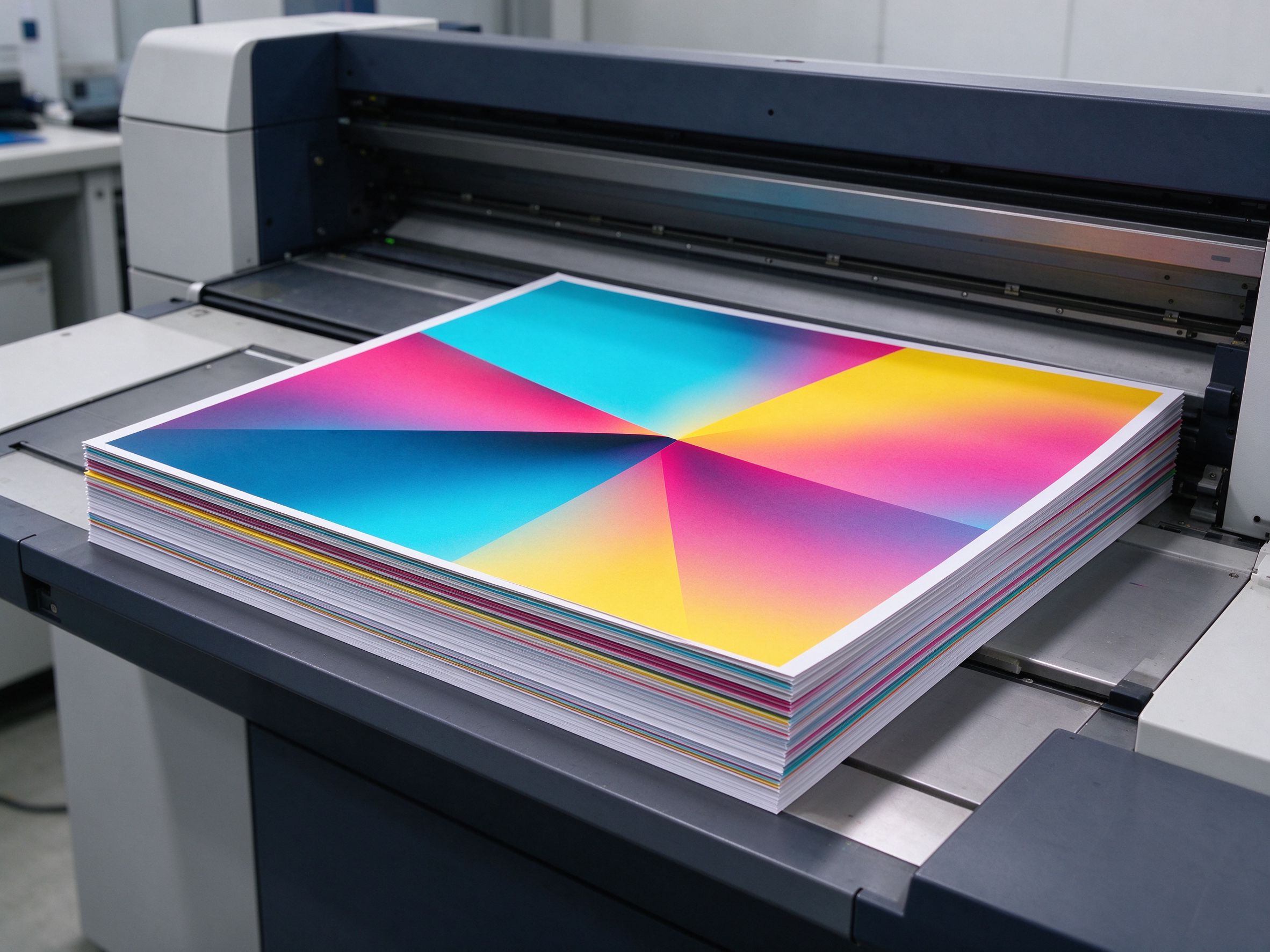 Printed posters stack on press delivery tray